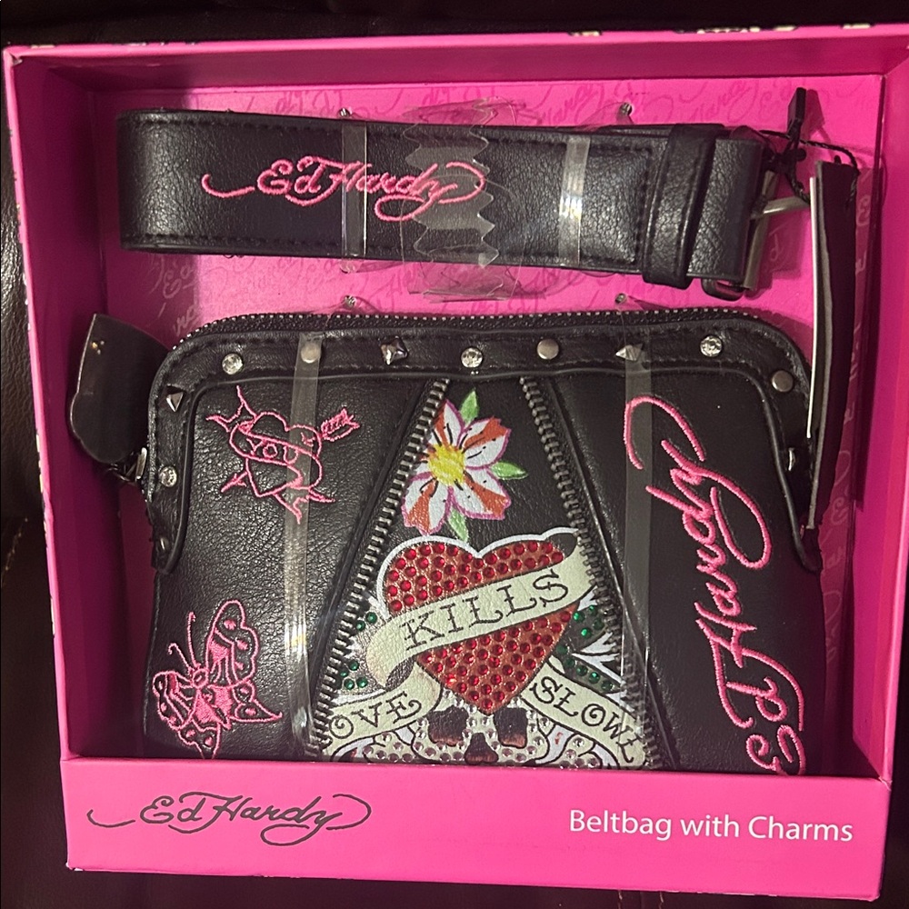 Ed Hardy Black Crossbody Bag with Pink Accents